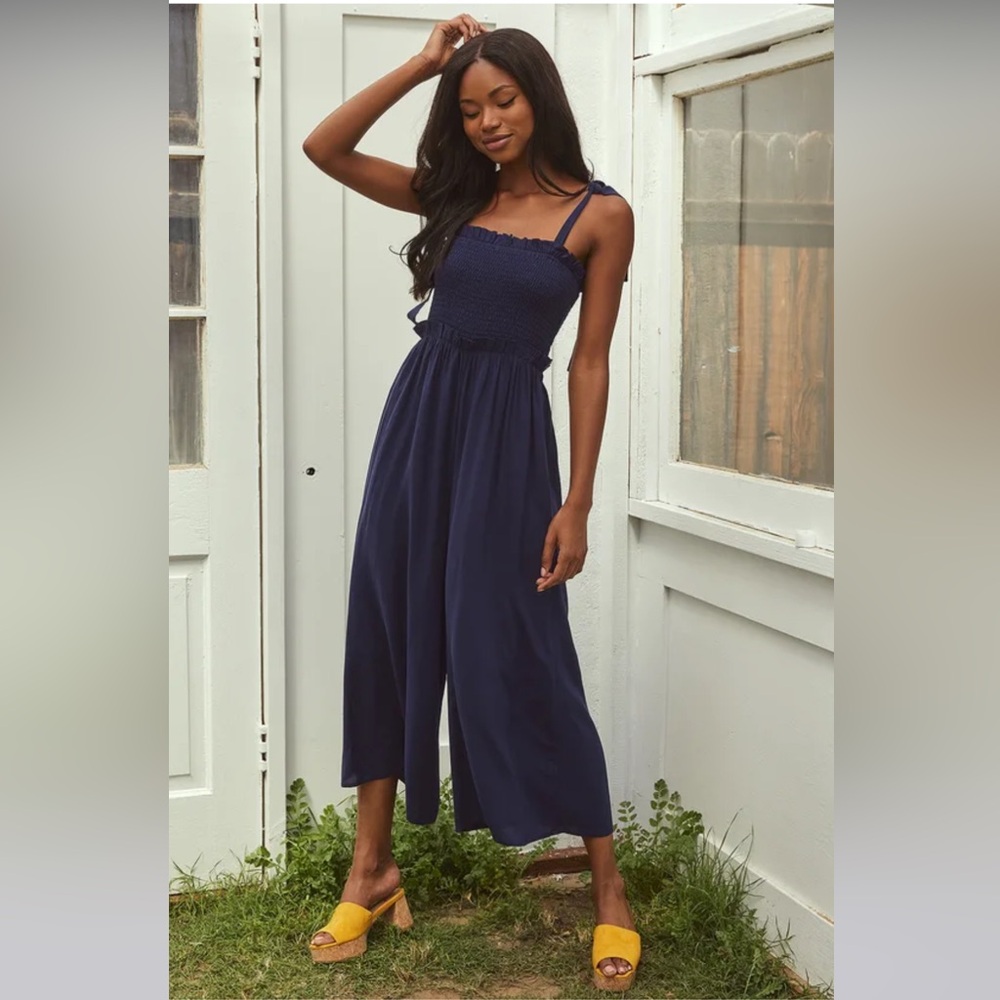 Lulus Perfect Moments Navy Blue Smocked Tie-Strap Culotte Jumpsuit
